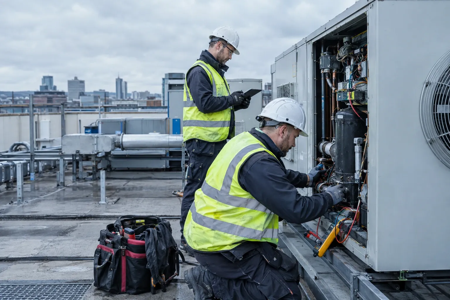 Two technicians in hard hats servicing rooftop air conditioning unit, tools nearby