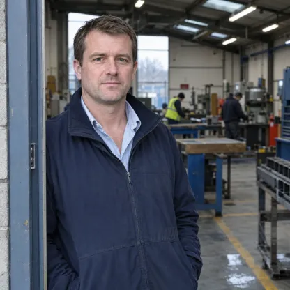 Man in his forties with short brown hair, navy jacket and open collar, standing in a workshop doorway