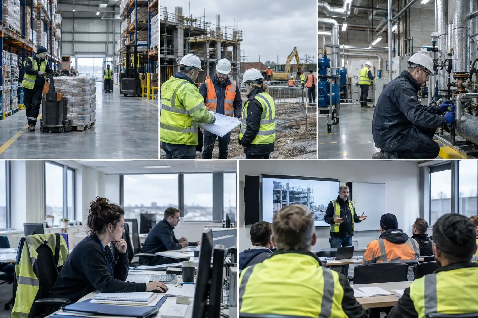 Collage showing construction site, workers in hard hats and hi-vis vests reviewing plans and training in an office