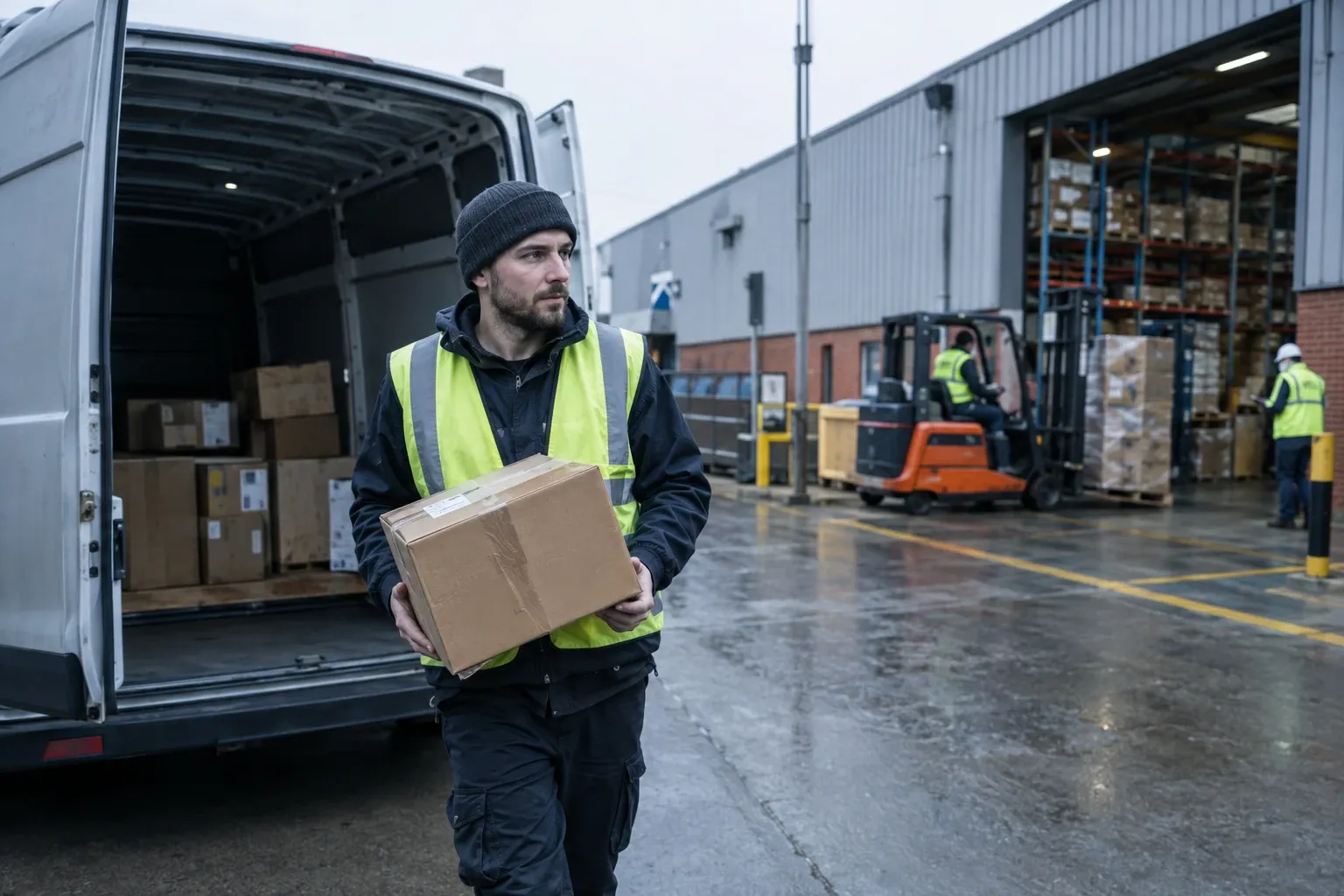 Courier in high-visibility vest carrying cardboard box from van outside warehouse on wet ground