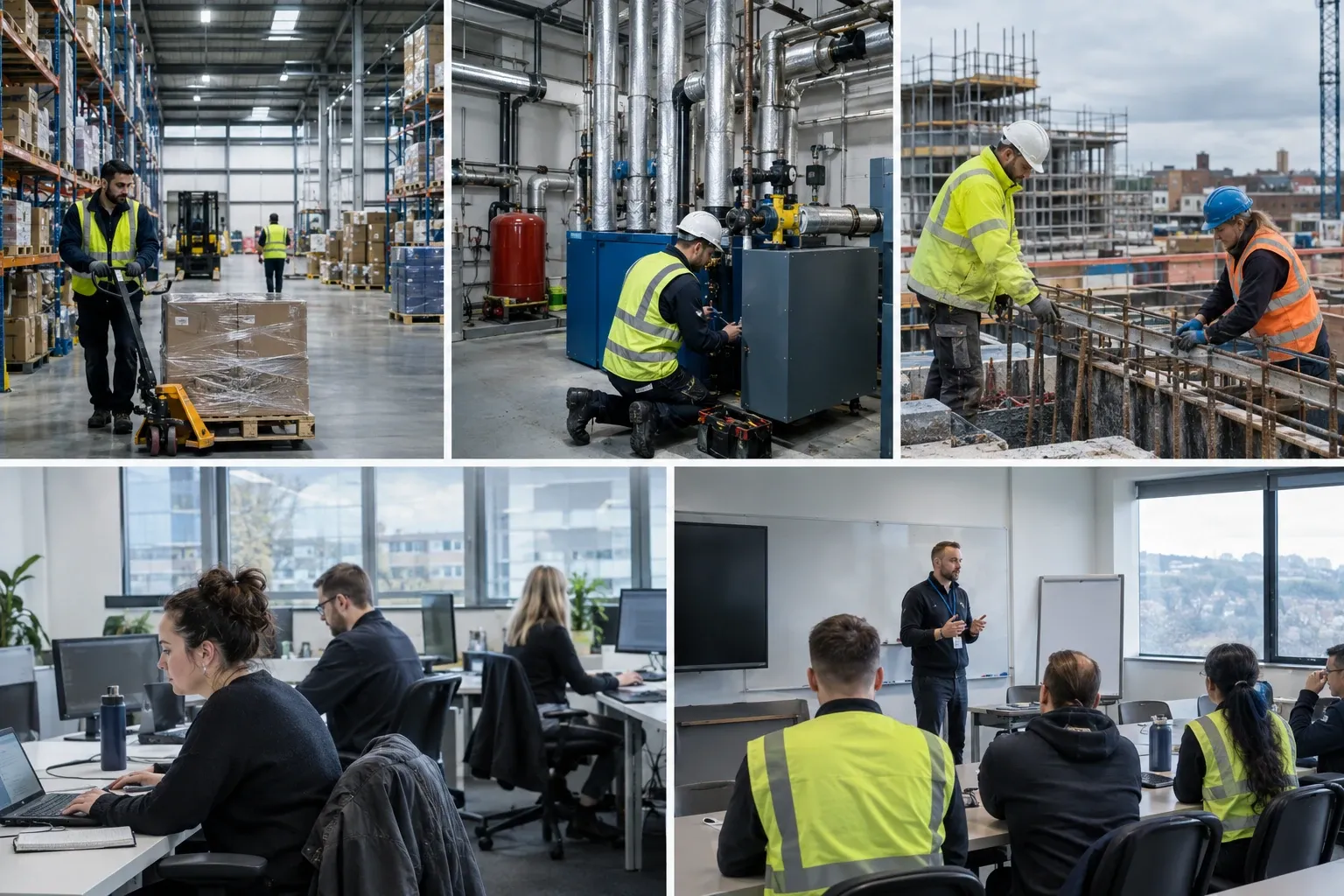 Collage showing warehouse staff, maintenance worker, construction team, and office training session