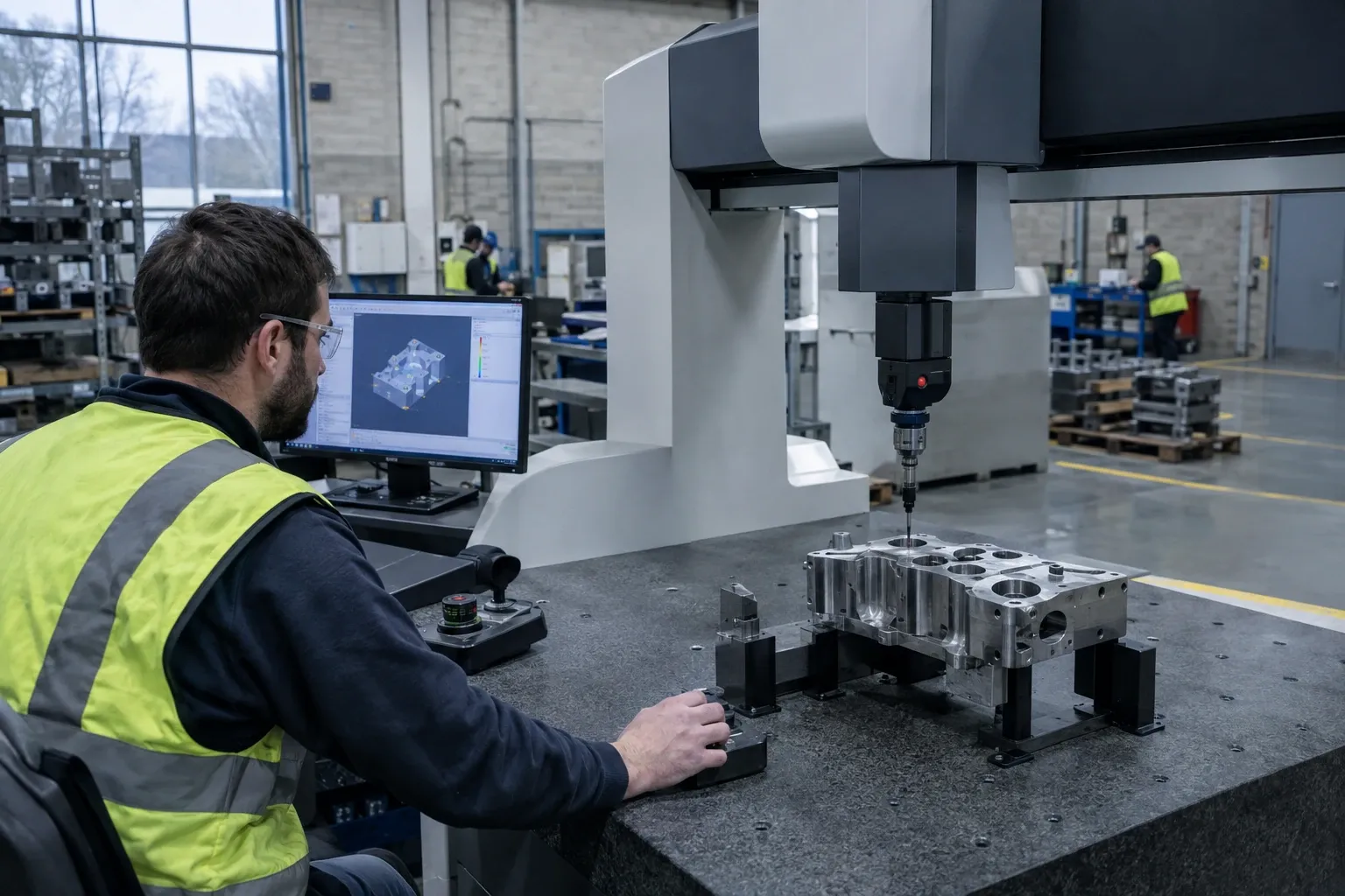 Technician operating CMM probing a machined metal engine block on granite table