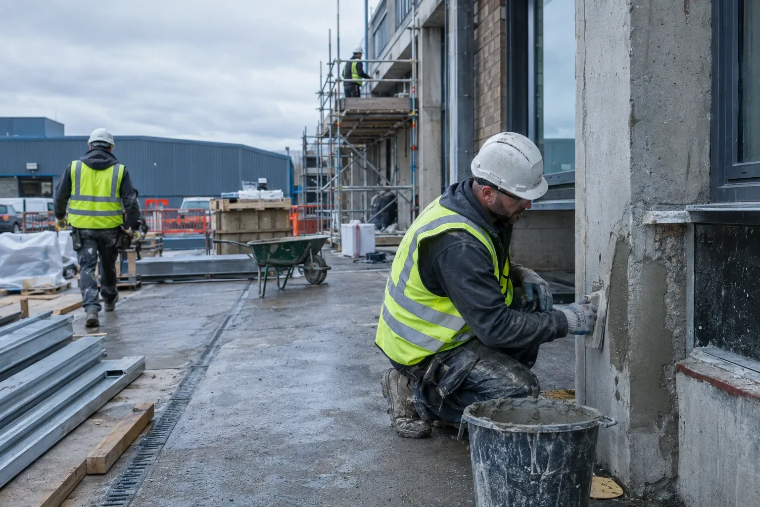 Construction worker in high-visibility vest applying cement render to building exterior wall