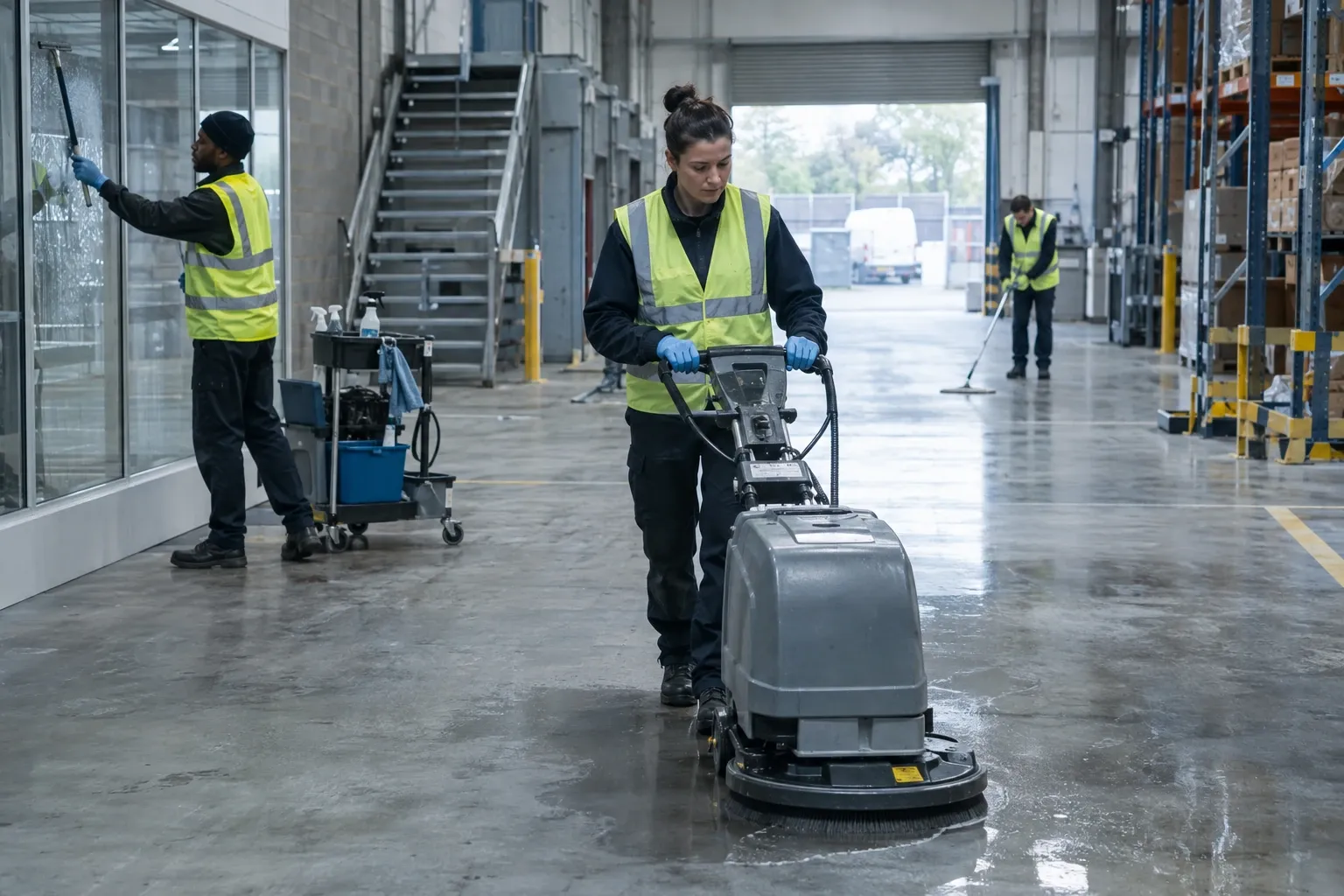 Three cleaners in high-visibility vests floor-scrubbing and window-cleaning in warehouse