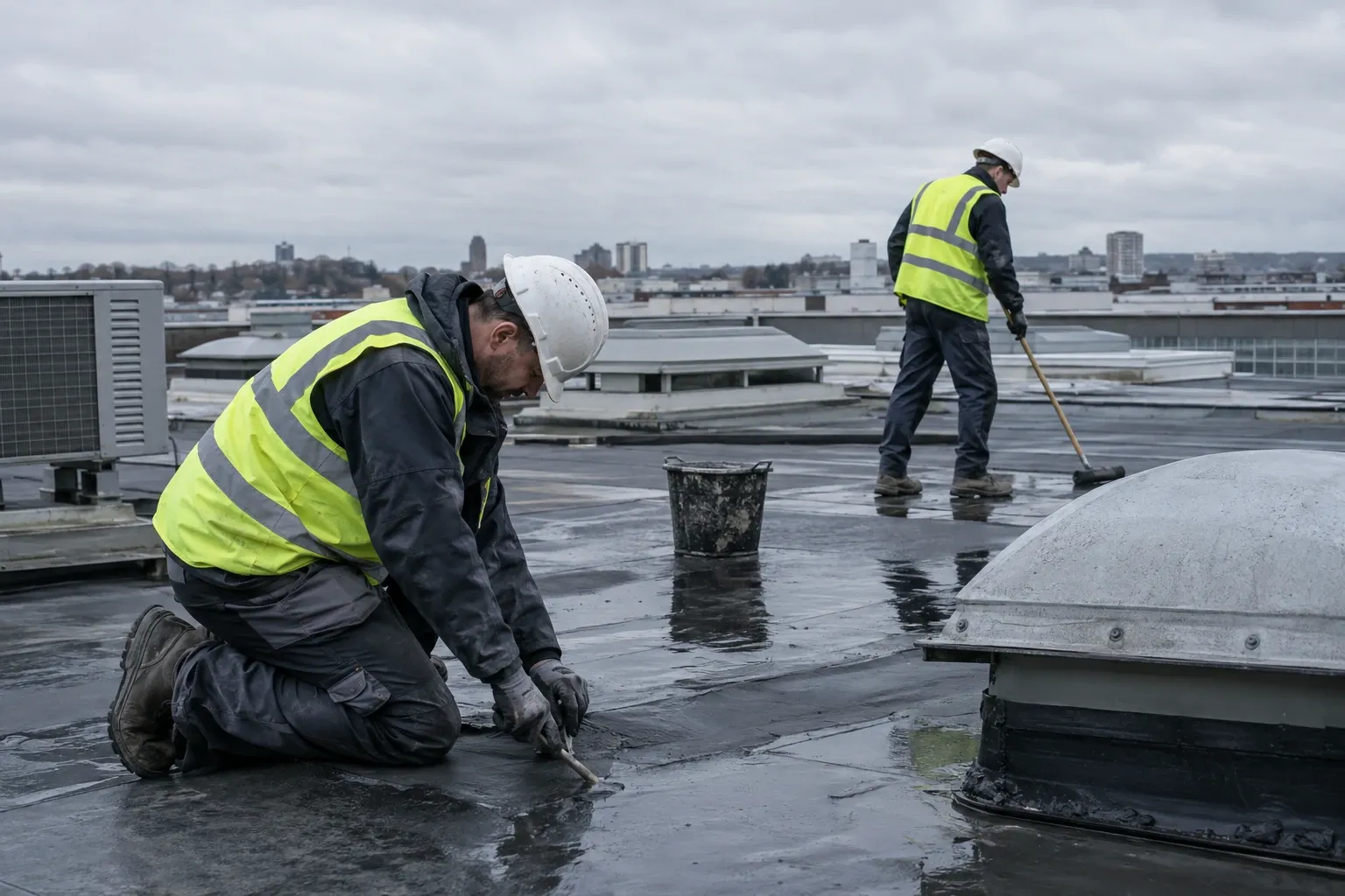 Two workers in high-visibility vests repairing flat commercial roof under overcast sky