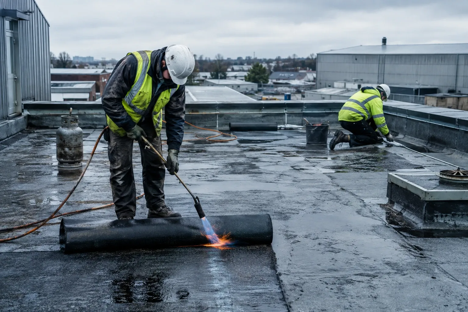 Worker using torch to heat and install rolled roofing while colleague kneels nearby