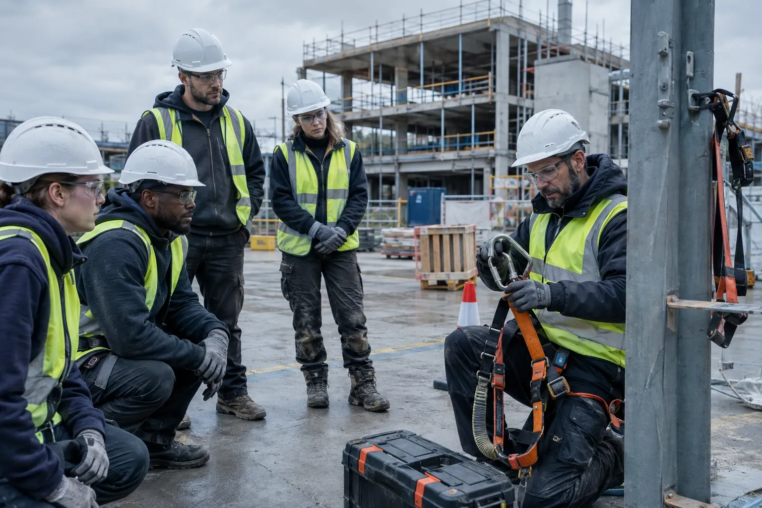 Construction workers in hard hats watching instructor demonstrate fall arrest harness attachment
