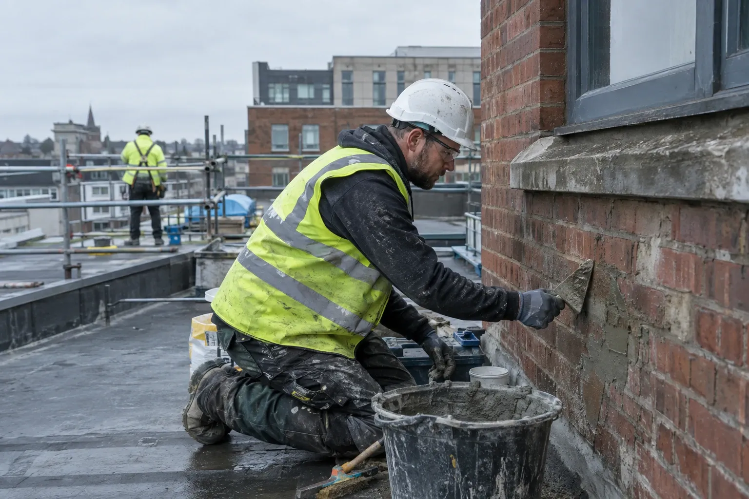 Construction worker in high-visibility vest applying mortar to exterior brick wall on rooftop