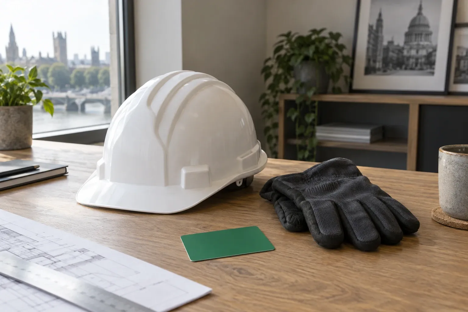 White hard hat, black work gloves and green card on wooden desk near window