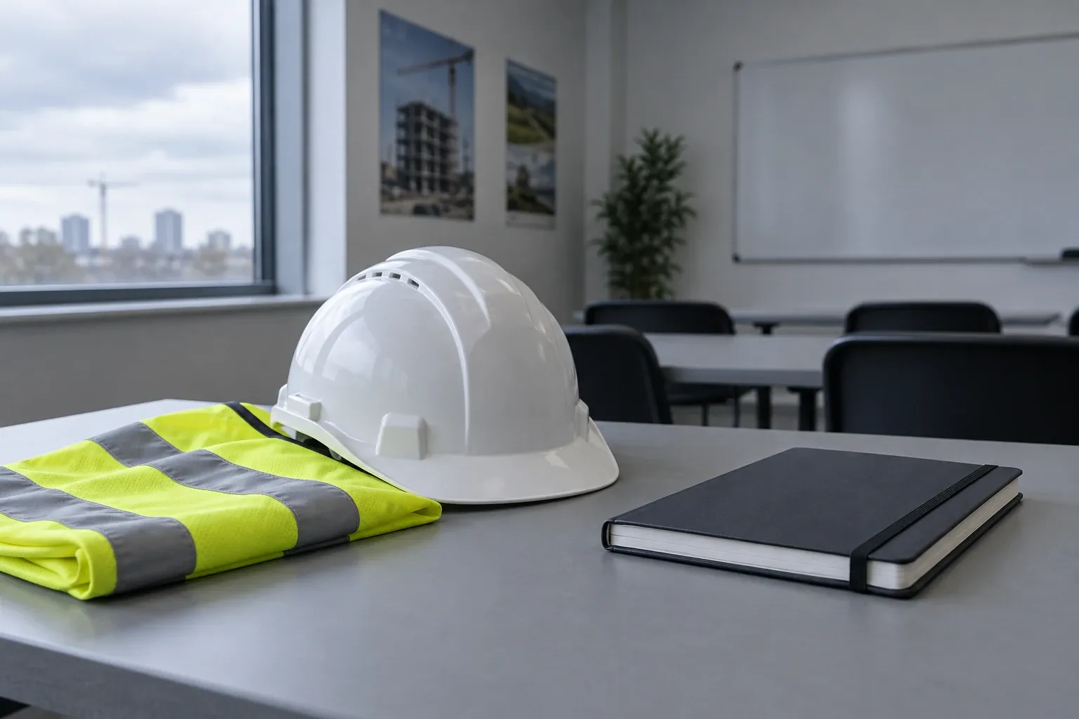 White hard hat, high-visibility vest and closed notebook on classroom table