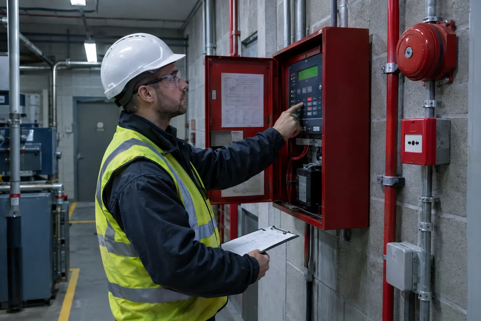 Technician in hard hat and hi-vis vest testing a red fire alarm control panel
