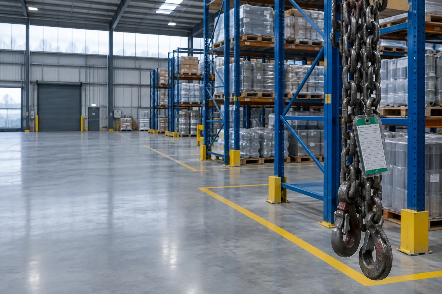Empty warehouse interior with blue pallet racking, yellow bay markings, hanging inspection-tagged lifting chain