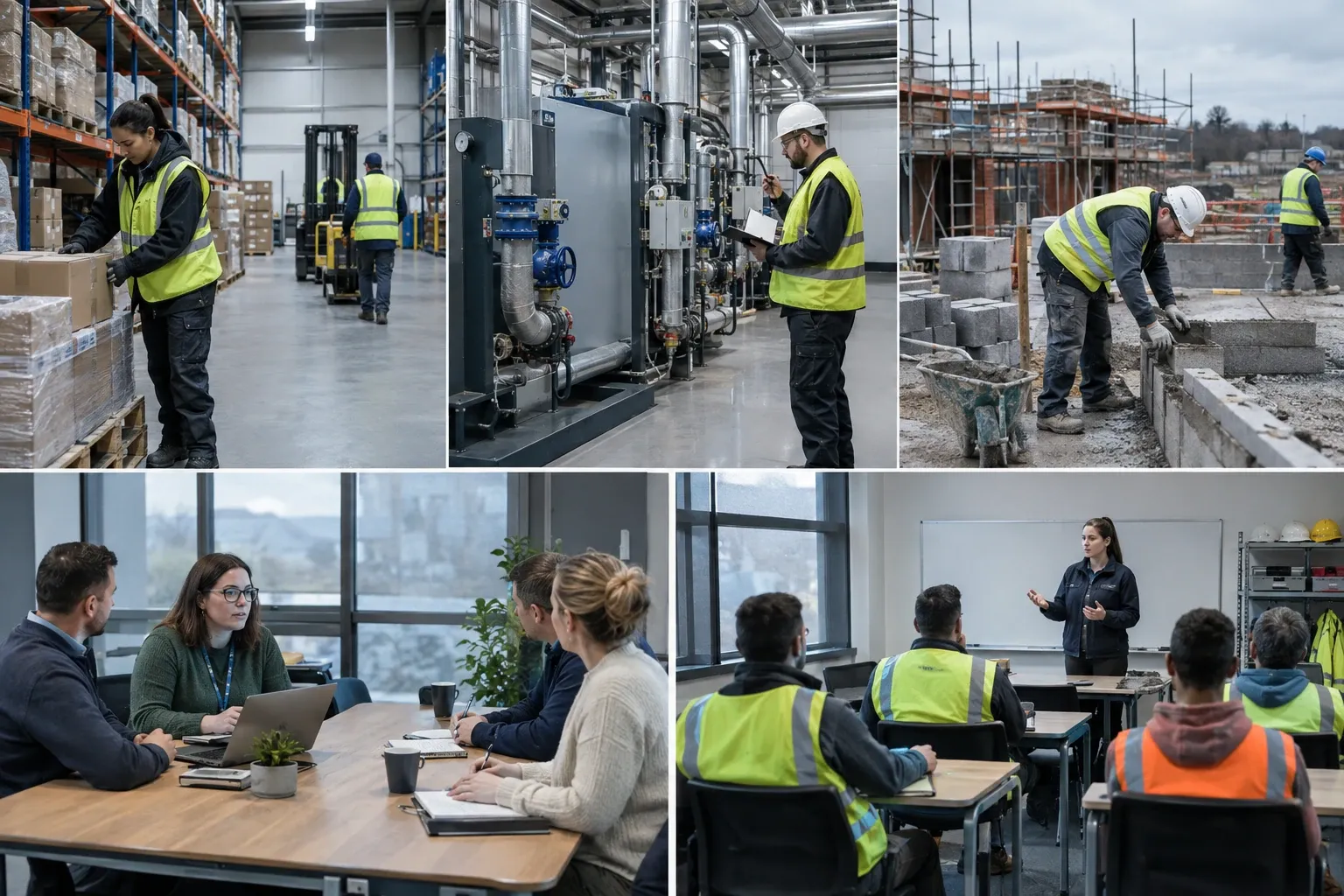 Warehouse and construction workers in hi-vis vests attending safety training and site tasks