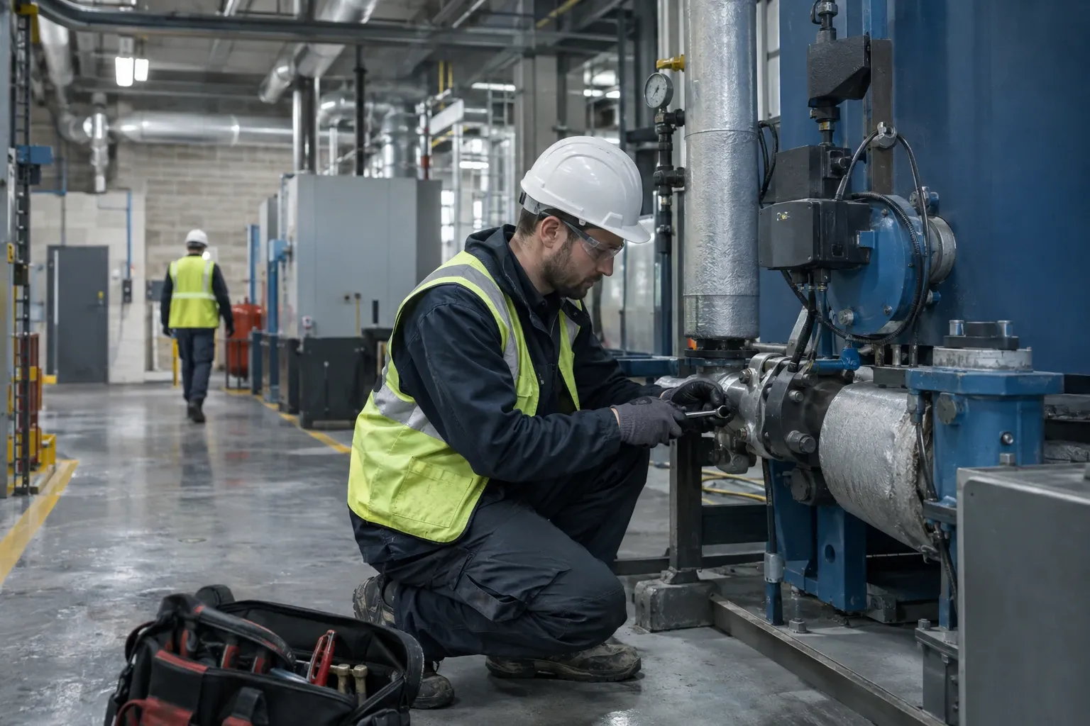 Technician in hard hat and hi-vis vest kneeling to adjust industrial pump coupling