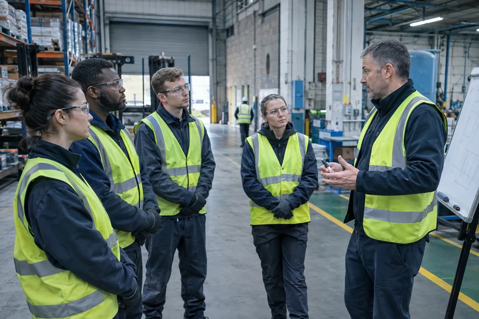 Instructor in high-visibility vest briefing warehouse workers during safety training session