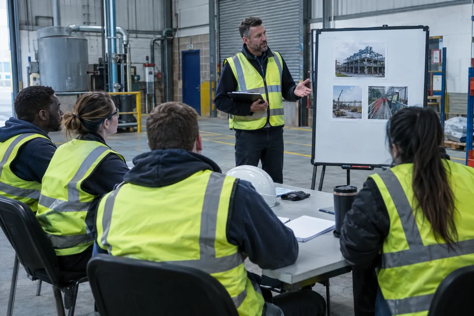 Safety instructor presenting construction site photos to workers in high-visibility vests