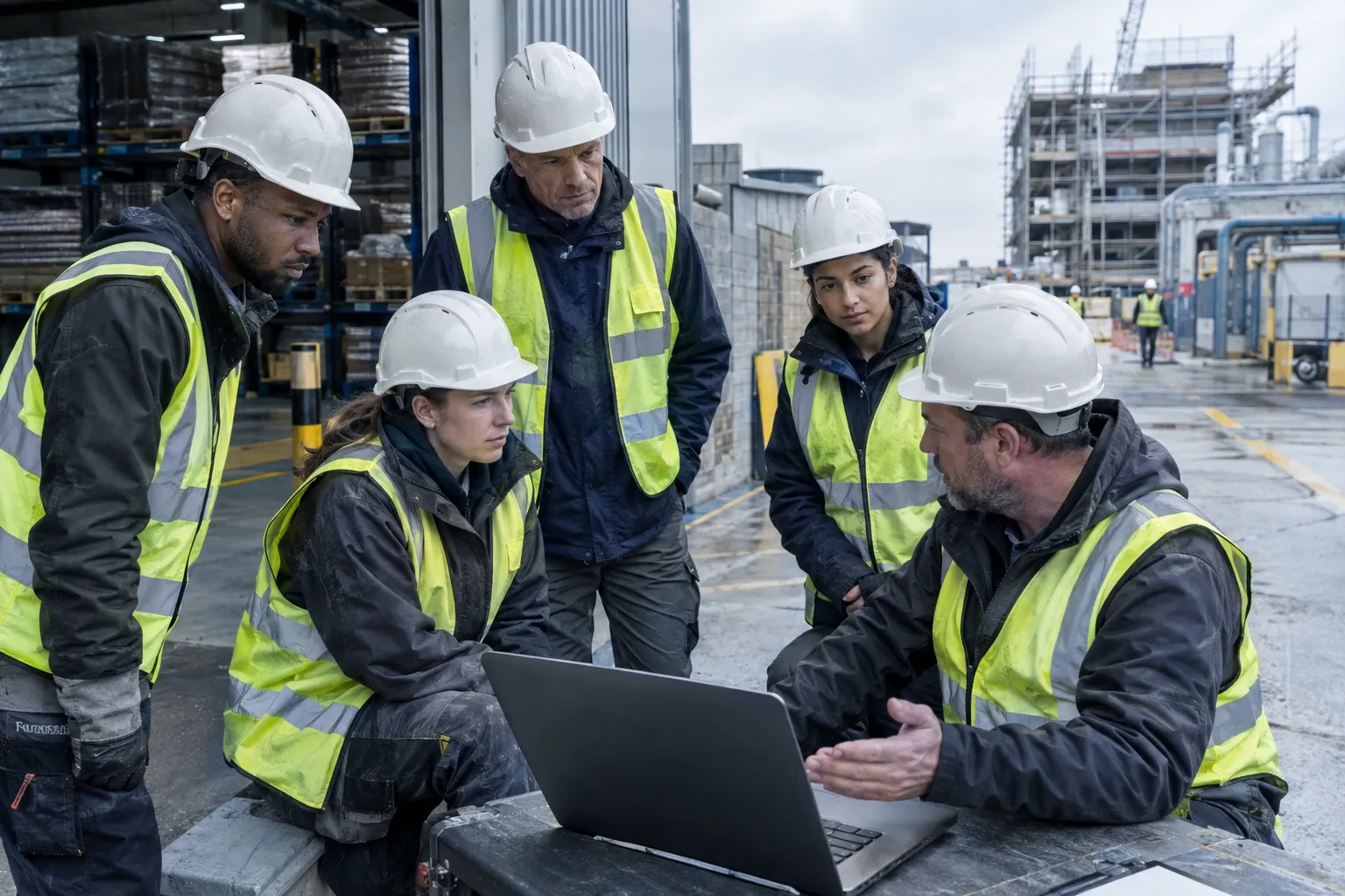 Construction workers in high-visibility vests and hard hats reviewing laptop outdoors