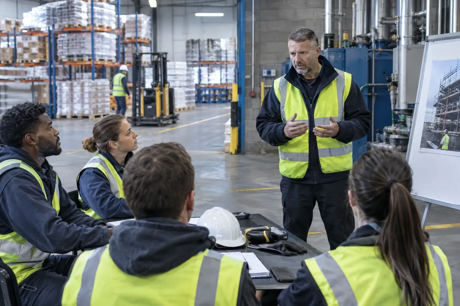 Supervisor in high-visibility vest briefing warehouse workers seated around table with hard hat