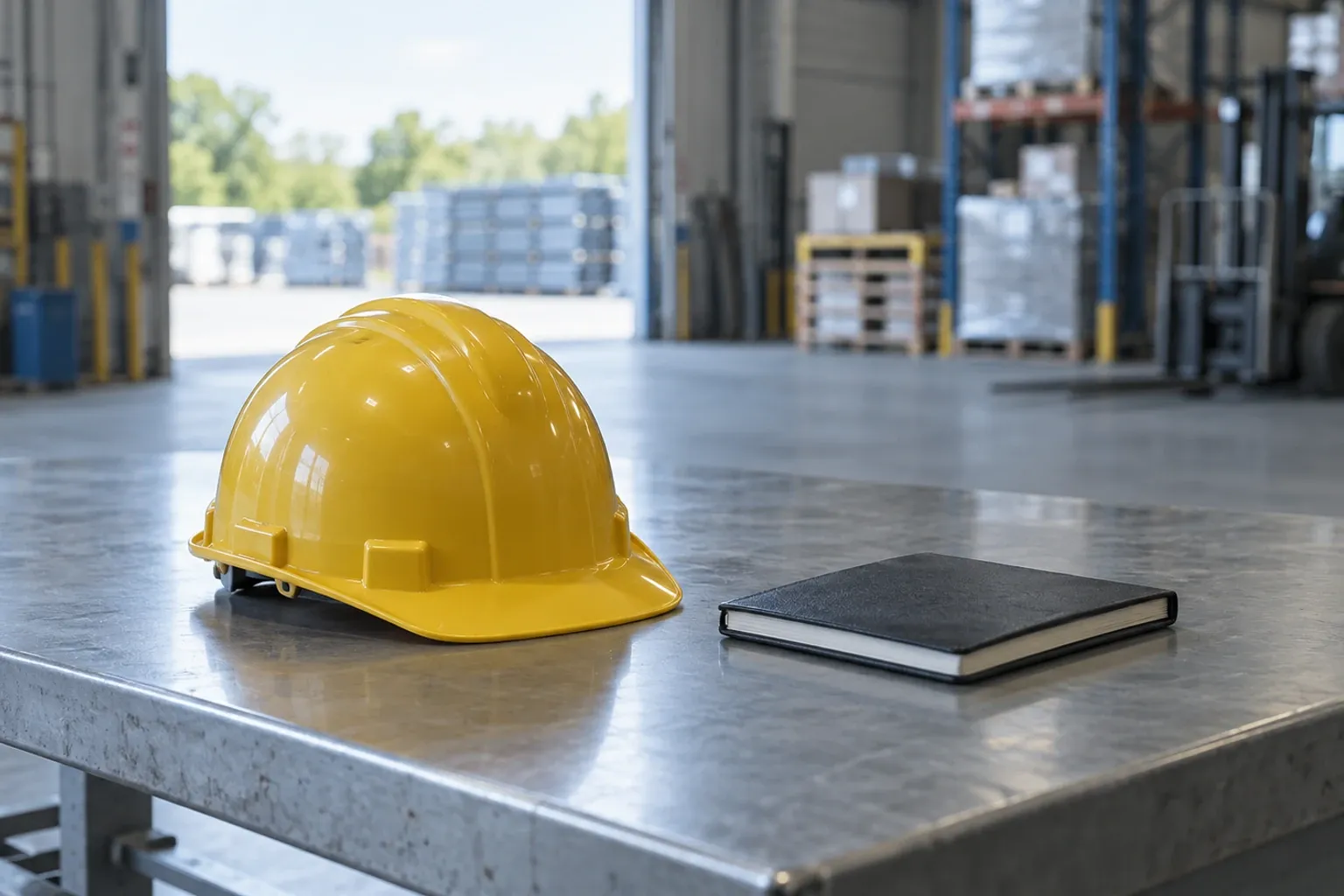 Yellow hard hat and closed notebook on metal table inside bright warehouse