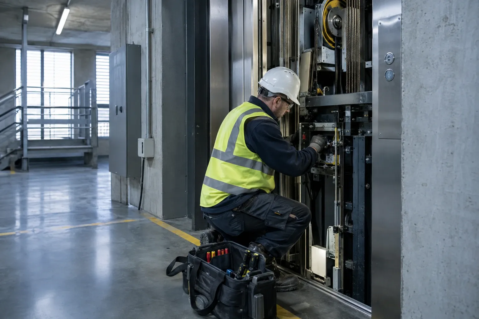 Technician wearing hard hat and hi-vis vest kneeling to inspect lift machinery
