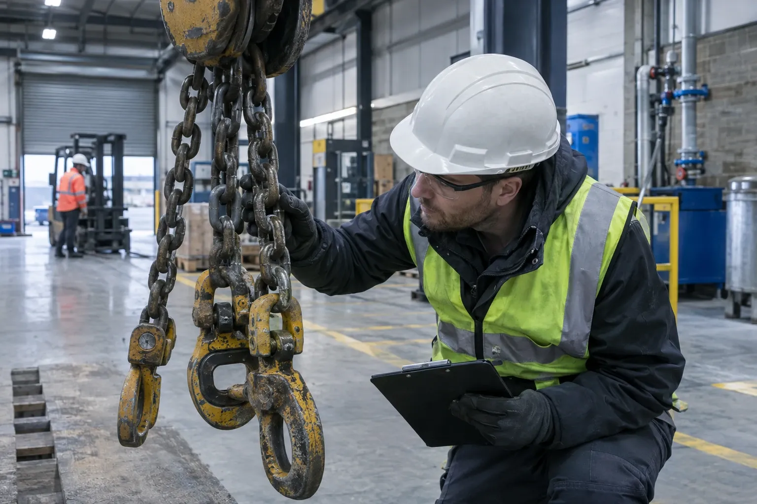 Worker in hard hat inspecting heavy lifting chains and hooks in industrial workshop