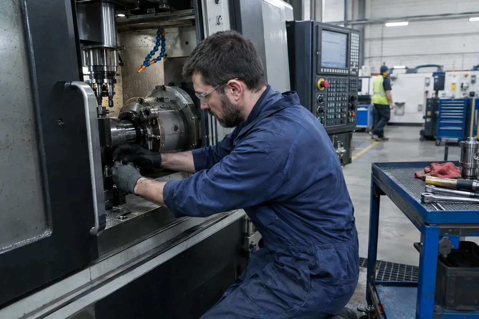 Technician in coveralls and safety glasses servicing a CNC lathe spindle inside workshop