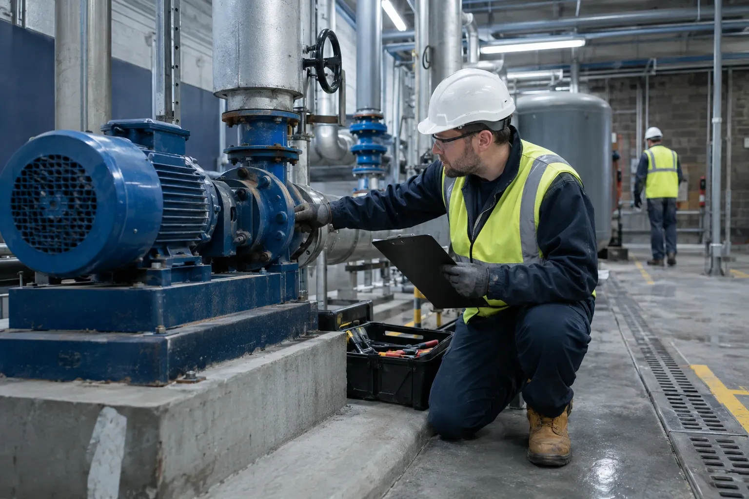 Technician in hard hat inspecting industrial pump with clipboard and toolbox in plant
