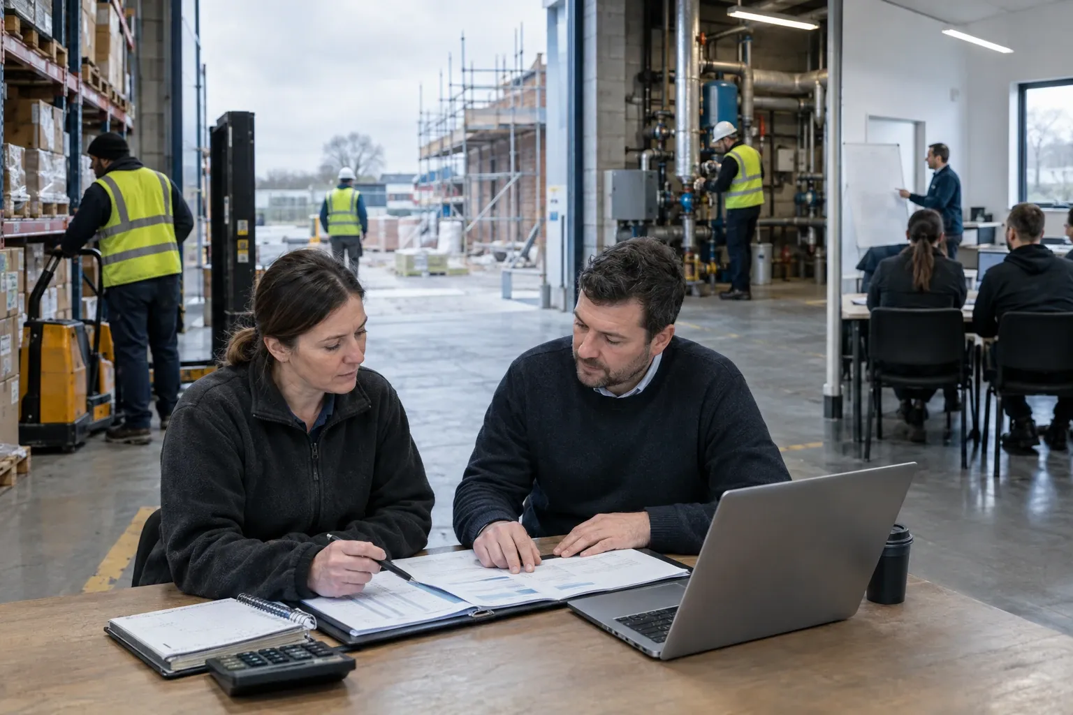 Man and woman reviewing documents at table with laptop inside busy warehouse