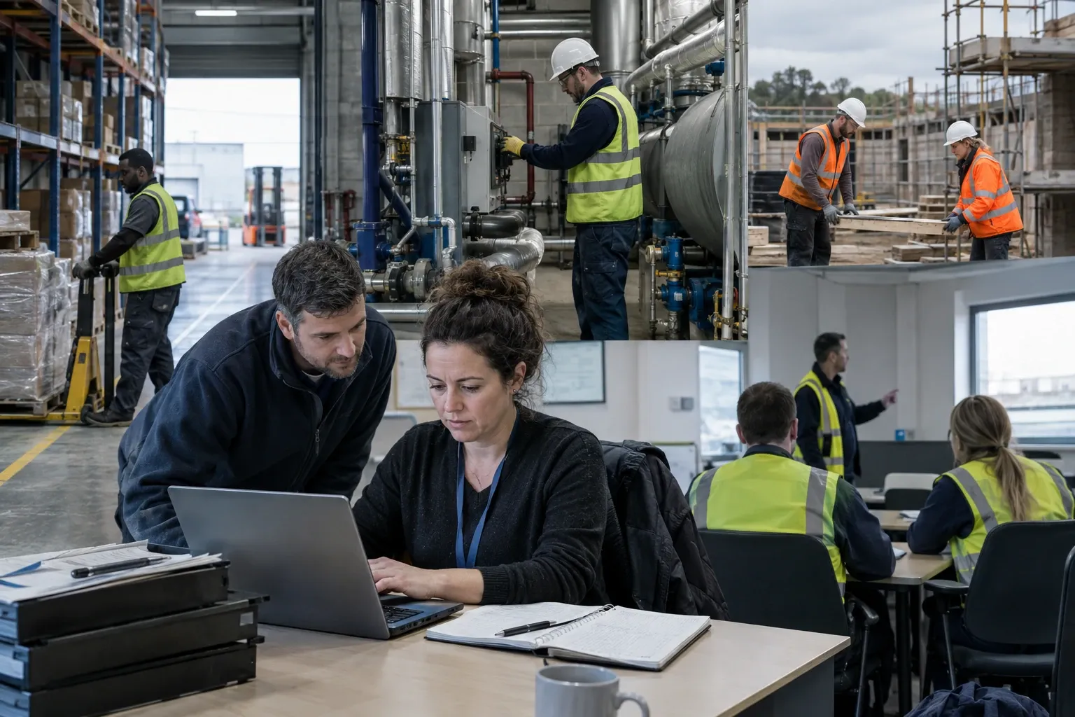 Woman at laptop with colleague in warehouse office while workers operate machinery and site