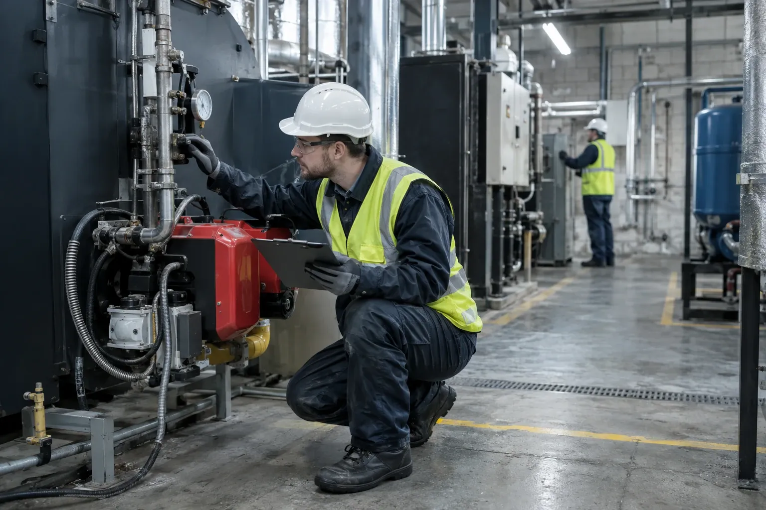 Technician in high-visibility vest inspecting industrial boiler equipment with clipboard in factory