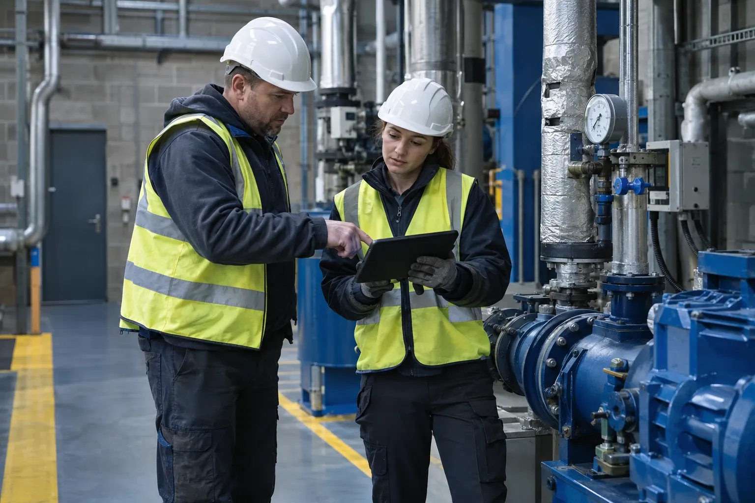 Two engineers in hard hats reviewing maintenance tablet beside industrial pump equipment