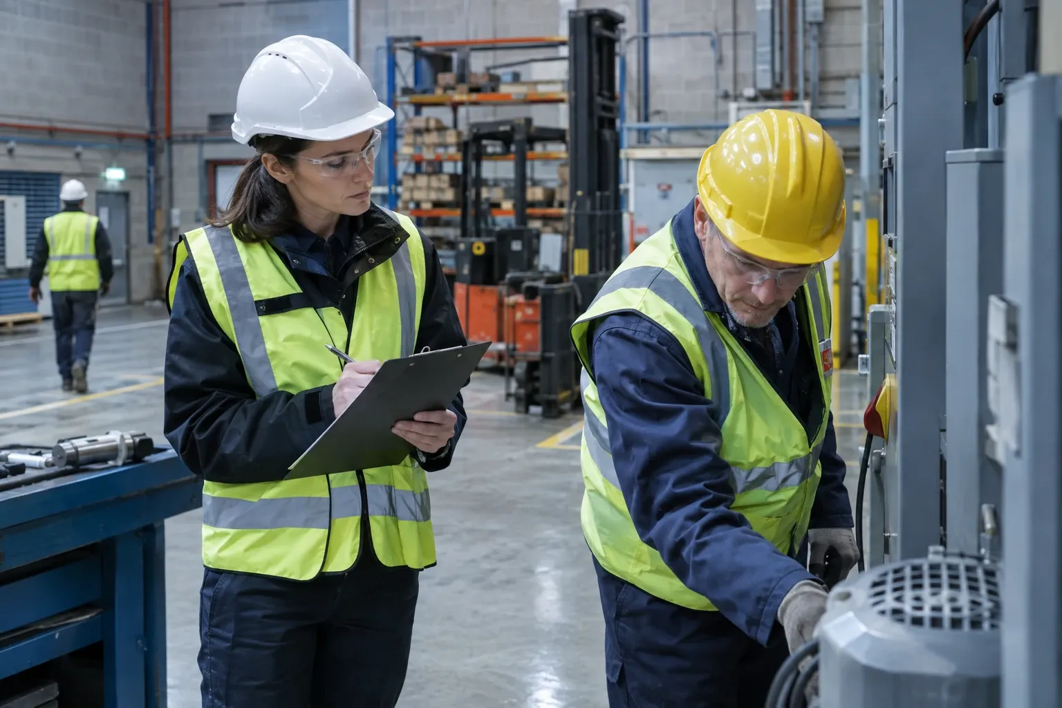 Two workers in hard hats and high-vis vests inspecting industrial electrical panel, one writing