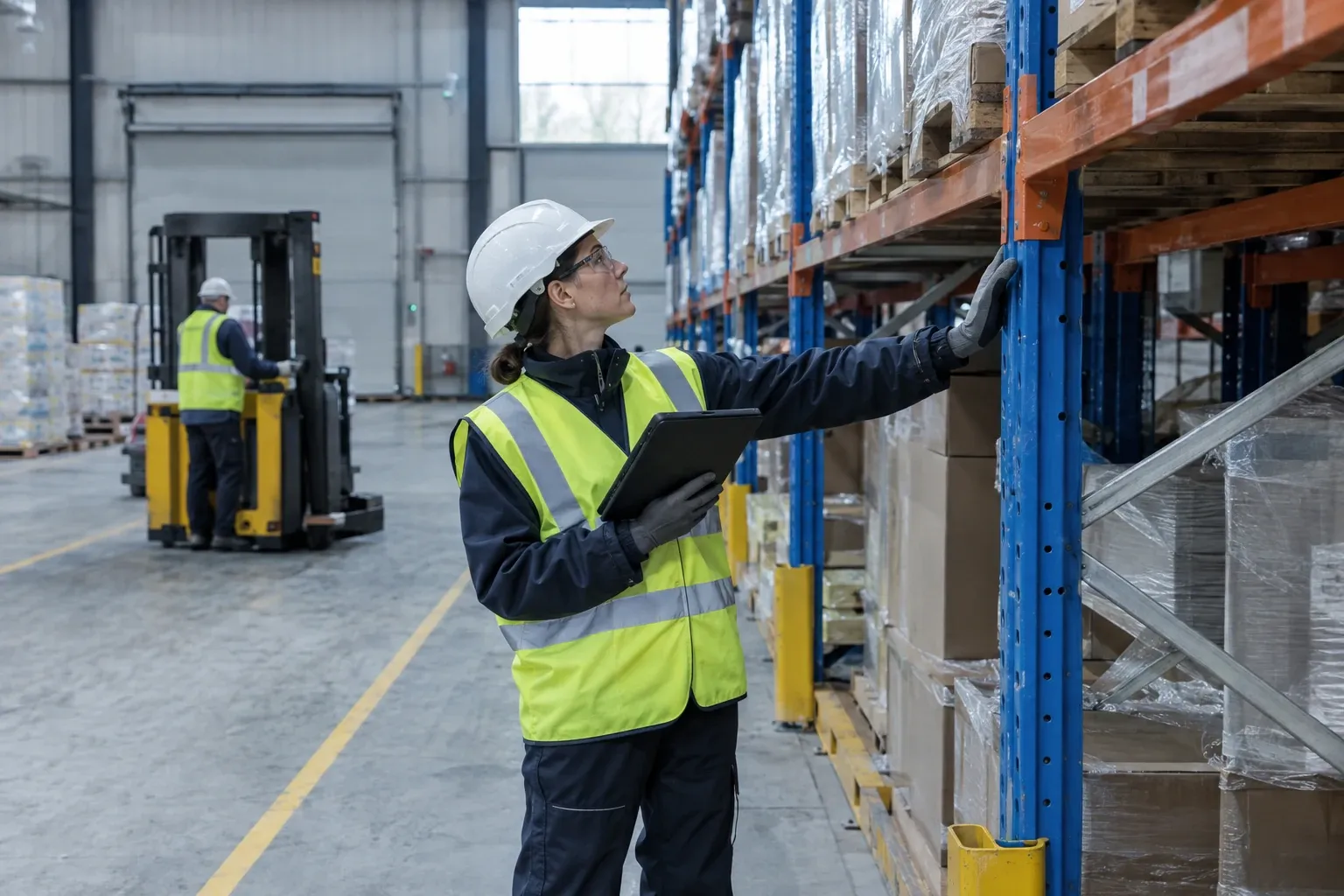 Warehouse inspector in hard hat and hi-vis vest checking pallet racking with clipboard