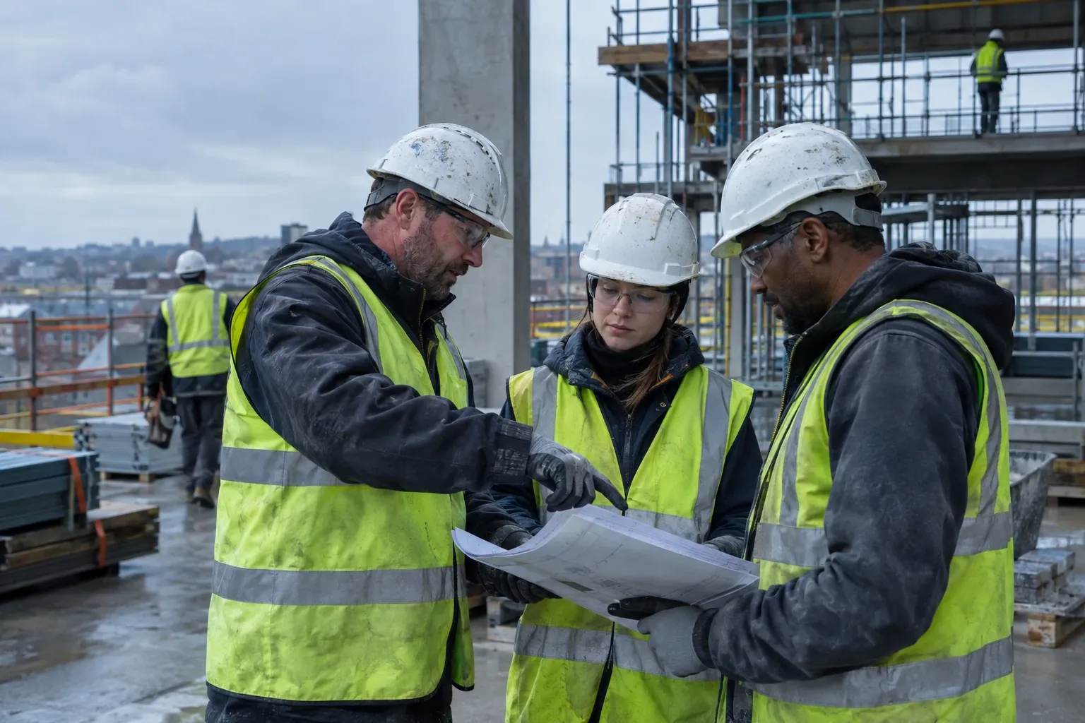 Three construction workers in high-visibility vests reviewing blueprints on site
