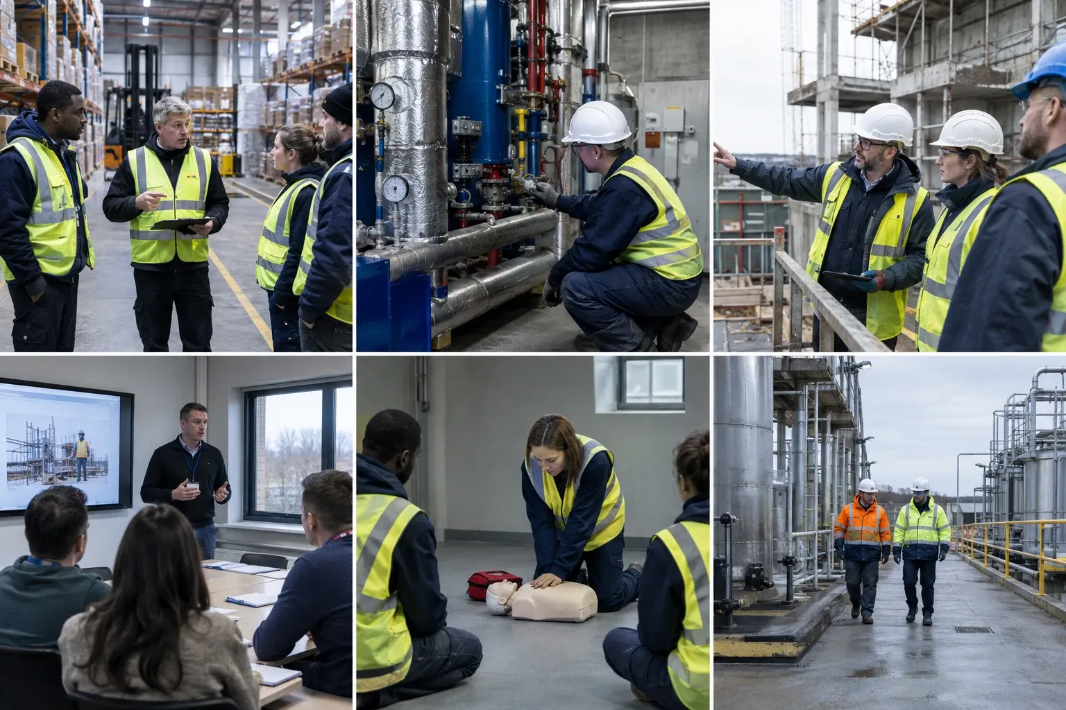 Six-panel collage showing workers in high-visibility vests and hard hats conducting safety inspections, training, and CPR
